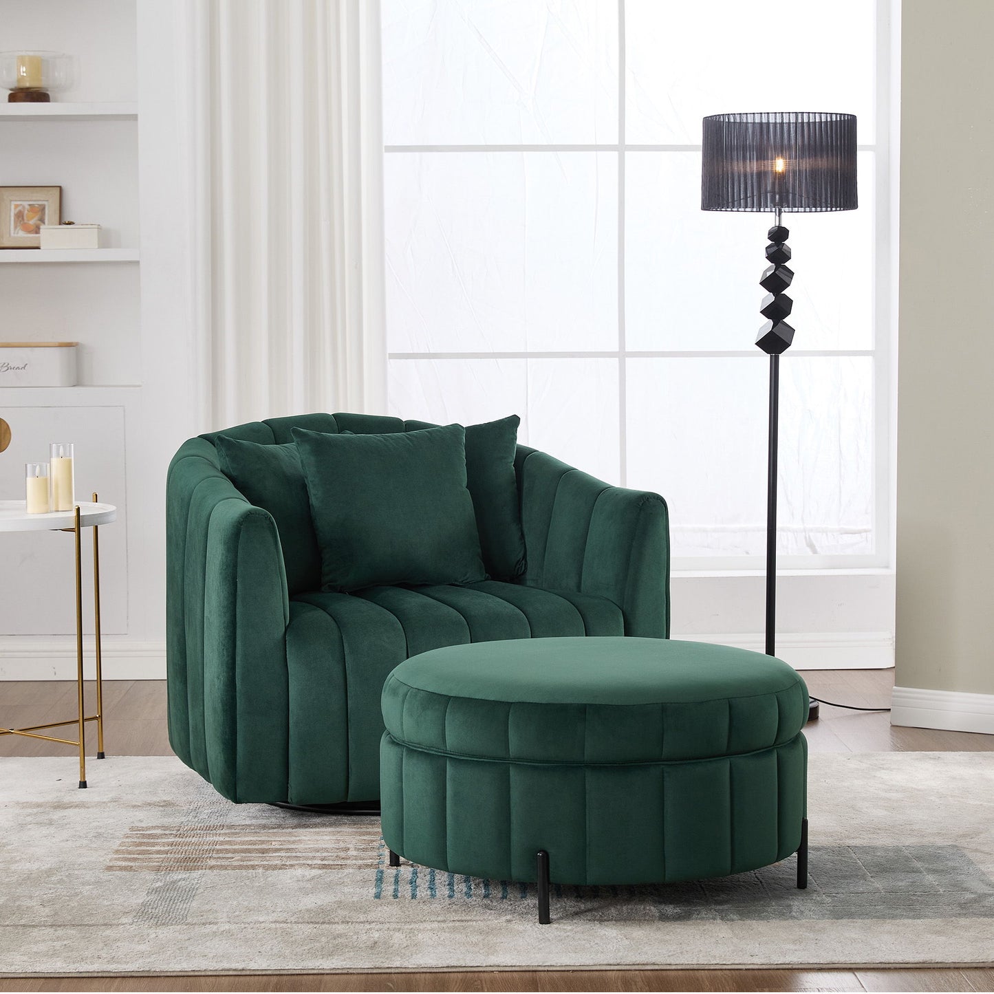 Oversized Velvet Swivel Barrel Accent Chair And Ottoman Set With Storage