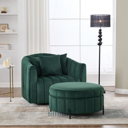 Oversized Velvet Swivel Barrel Accent Chair And Ottoman Set With Storage