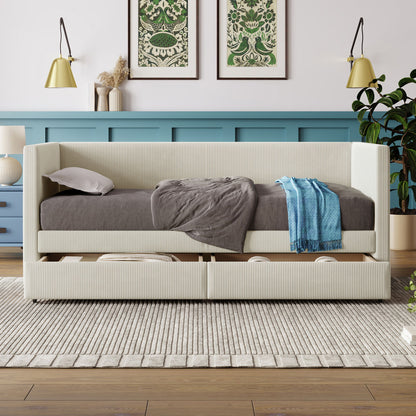 Corduroy Daybed With Two Drawers And Wood Slat