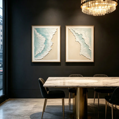 Framed Ocean Wave Wall Art, Textured Canvas Painting, Beach Decor For Living Room (Set of 2) - Aqua Blue