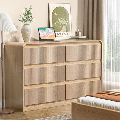 6 Drawer Dresser With Fluted Panel For Bedroom - Beige / Natural