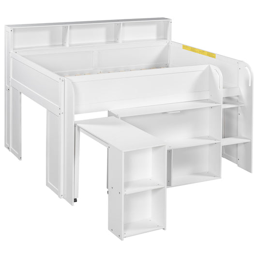 Loft Bed With Built-In Desk, LED Lighting, And Multiple Storage Shelves