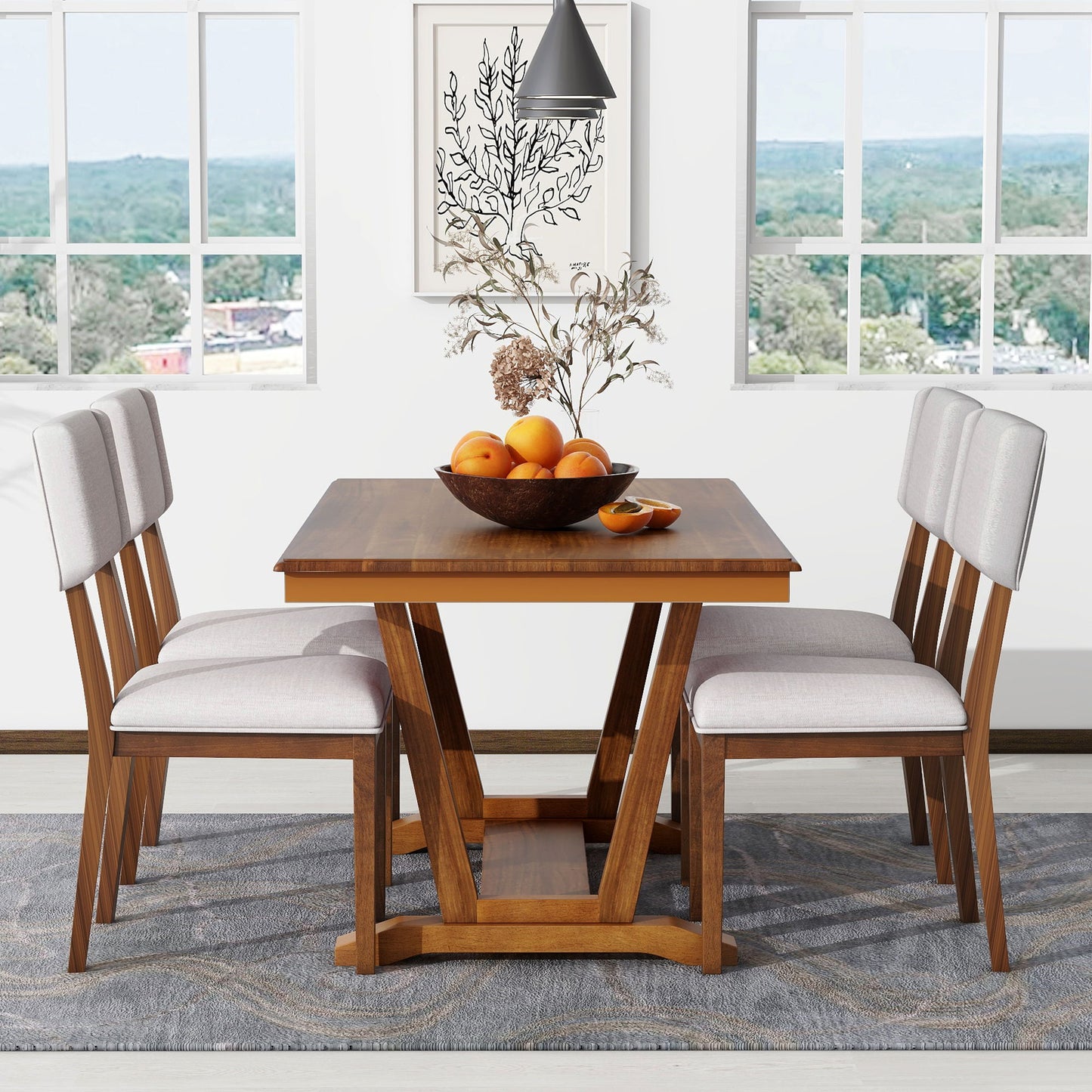 Topmax - 5 Piece Rustic Dining Table Set With 4 Upholstered Chairs, Rectangular Dining Table With Trestle Table Base