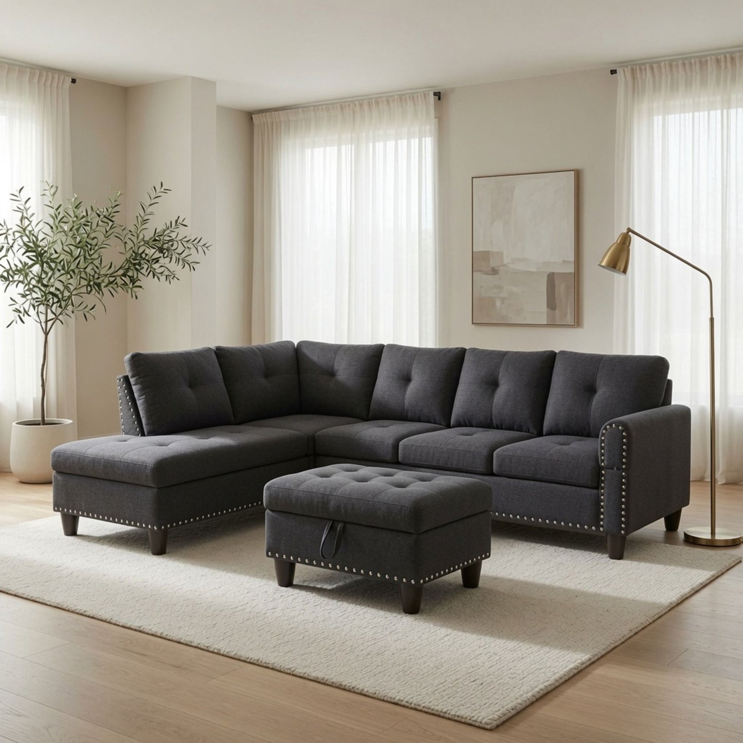L - Shaped 3 Piece Sectional Sofa With Chaise, Storage Ottoman & Cup Holders