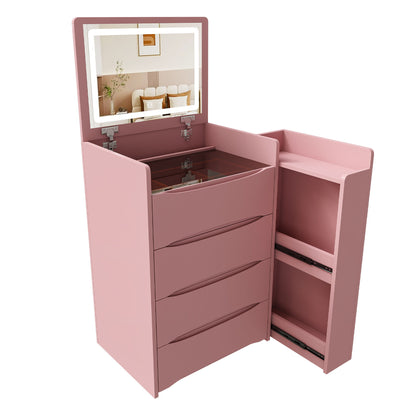 Flip Mirror Vanity Desk With Adjustable LED Lights & Stool For Bedroom