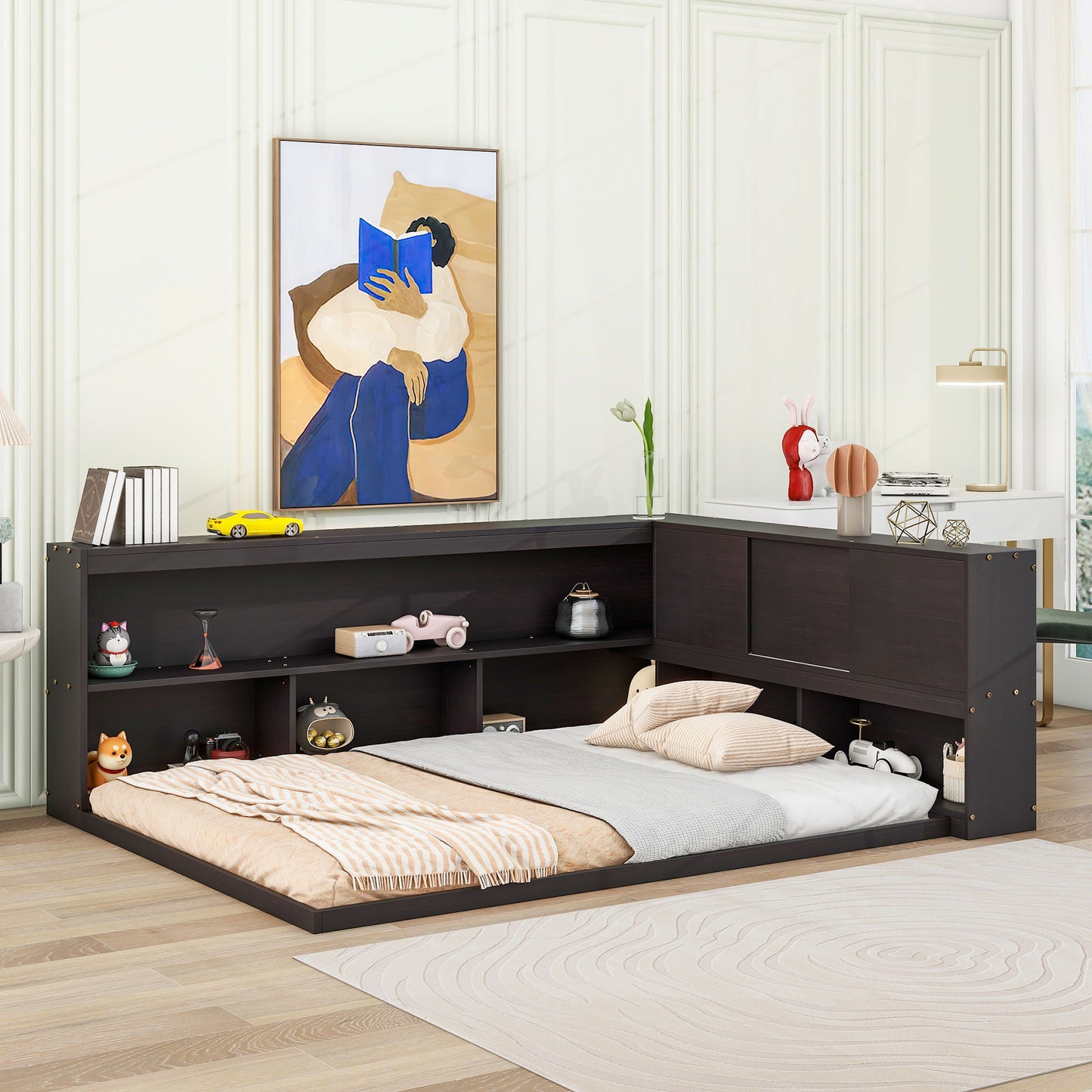 Floor Bed With L-Shaped Bookcases, Sliding Doors, Without Slats