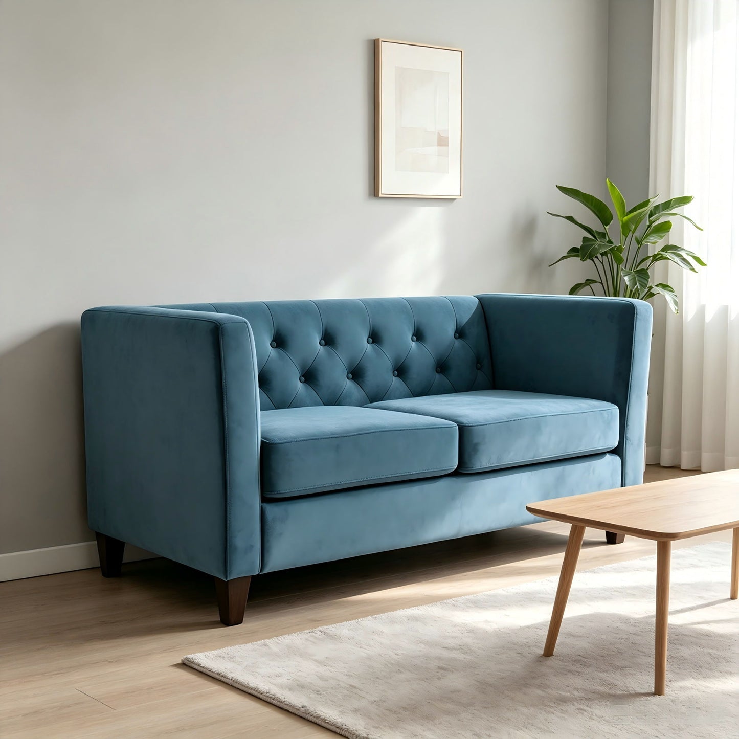 Button Tufted Loveseat, Upholstered 2 Seater With Square Arm For Living Room - Navy Blue