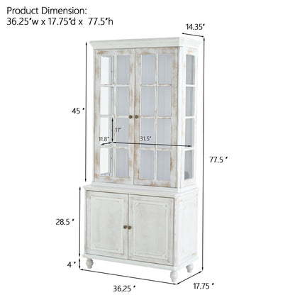 Vintage Display Cabinet With Double Glass Doors, Traditional Style Hutch For Home Or Workspace Washed - White Washed