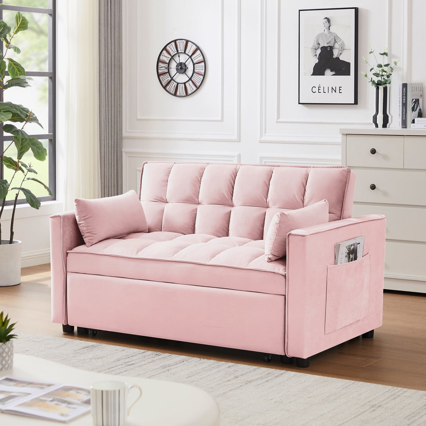 Modern Velvet Convertible Loveseat Futon Sofa With Pullout Bed, Reclining Backrest