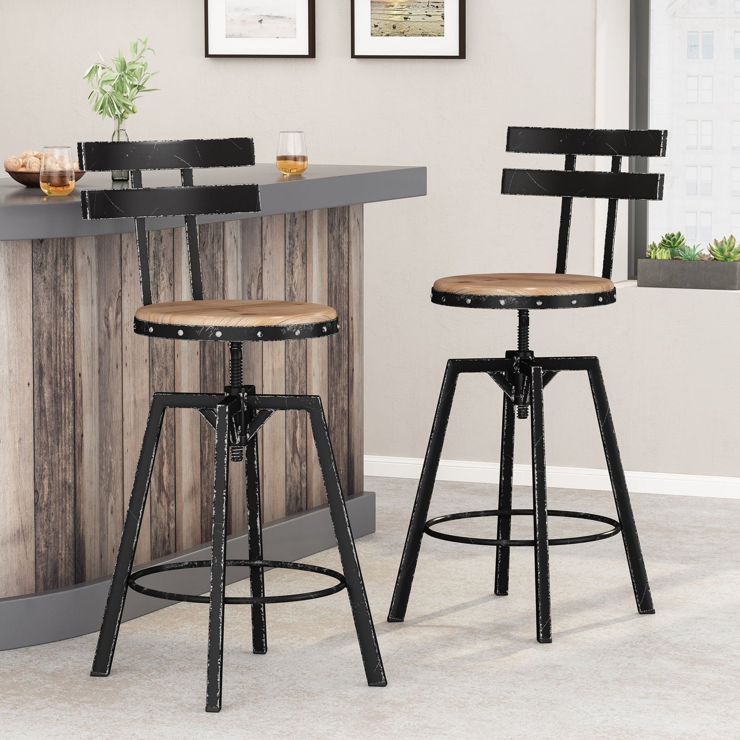 Industrial Modern Swivel Barstool With Adjustable Height - Black / Natural