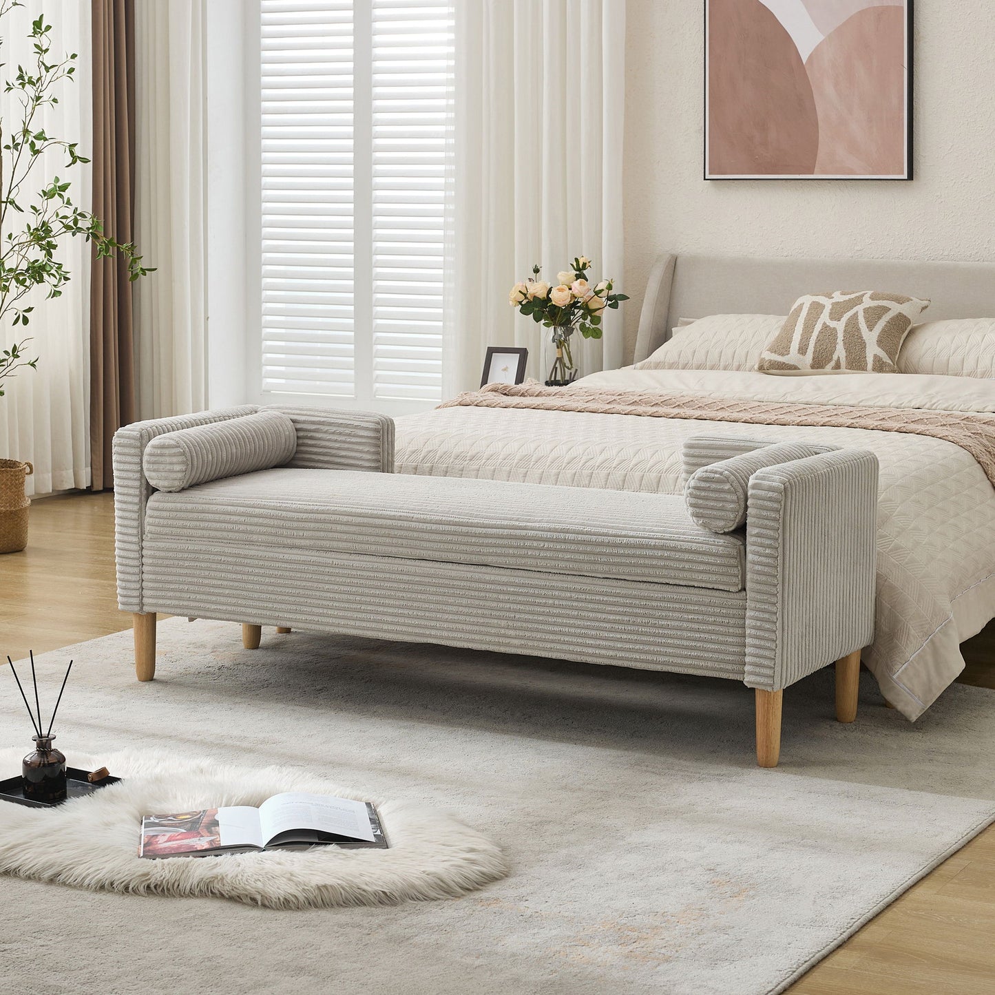 Upholstered Corduroy Flip Top Storage Bench For Living Room