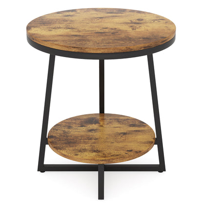 Round End Table With Hairpin Legs, 2 Tier For Living Room - Rustic Brown