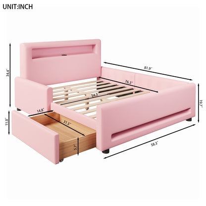 Upholstered Platform Bed With Drawer, LED Light Strip, USB Port
