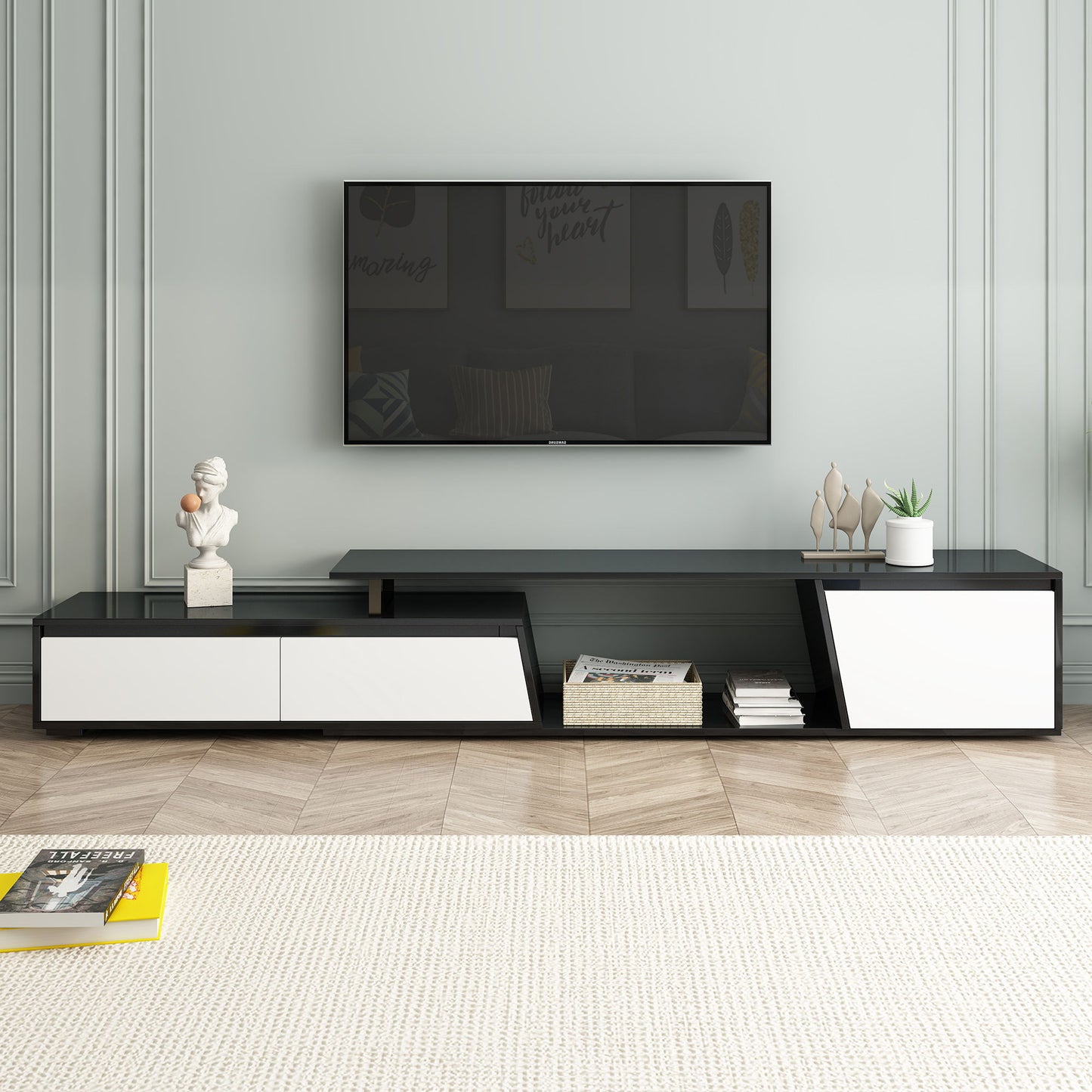 Minimalist Rectangle Extendable TV Cabinet With 2 Drawers And 1 Cabinet