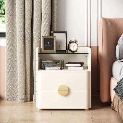 2 Drawer Nightstand With Open Shelf, Bedside Table - Beige