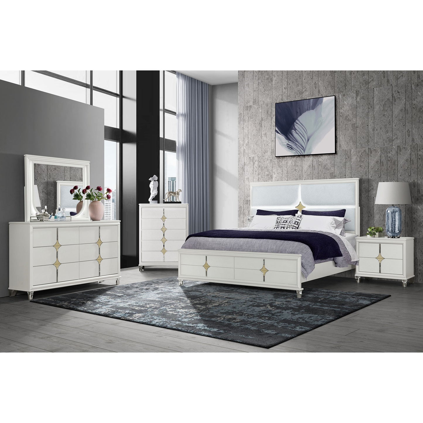 Uriuni - 5 Piece King Bedroom Set With Panel Headboard And LED Lighting - Gold / White