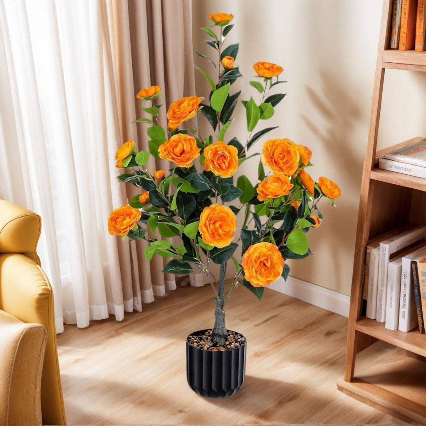2 Pack Artificial Camellia Trees, Faux Potted Plants With Orange Flowers For Indoor Or Outdoor Decor, Porch, Office, Or Home Use - Black / Green / Orange