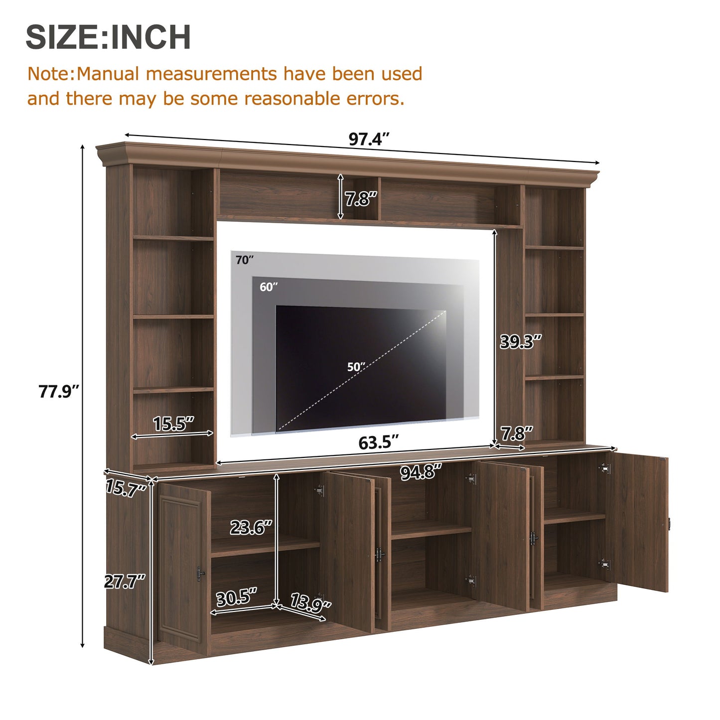 4 Piece Wall Unit Entertainment Center With Bookshelf, TV Stand With Adjustable Shelf For Living Room - Walnut