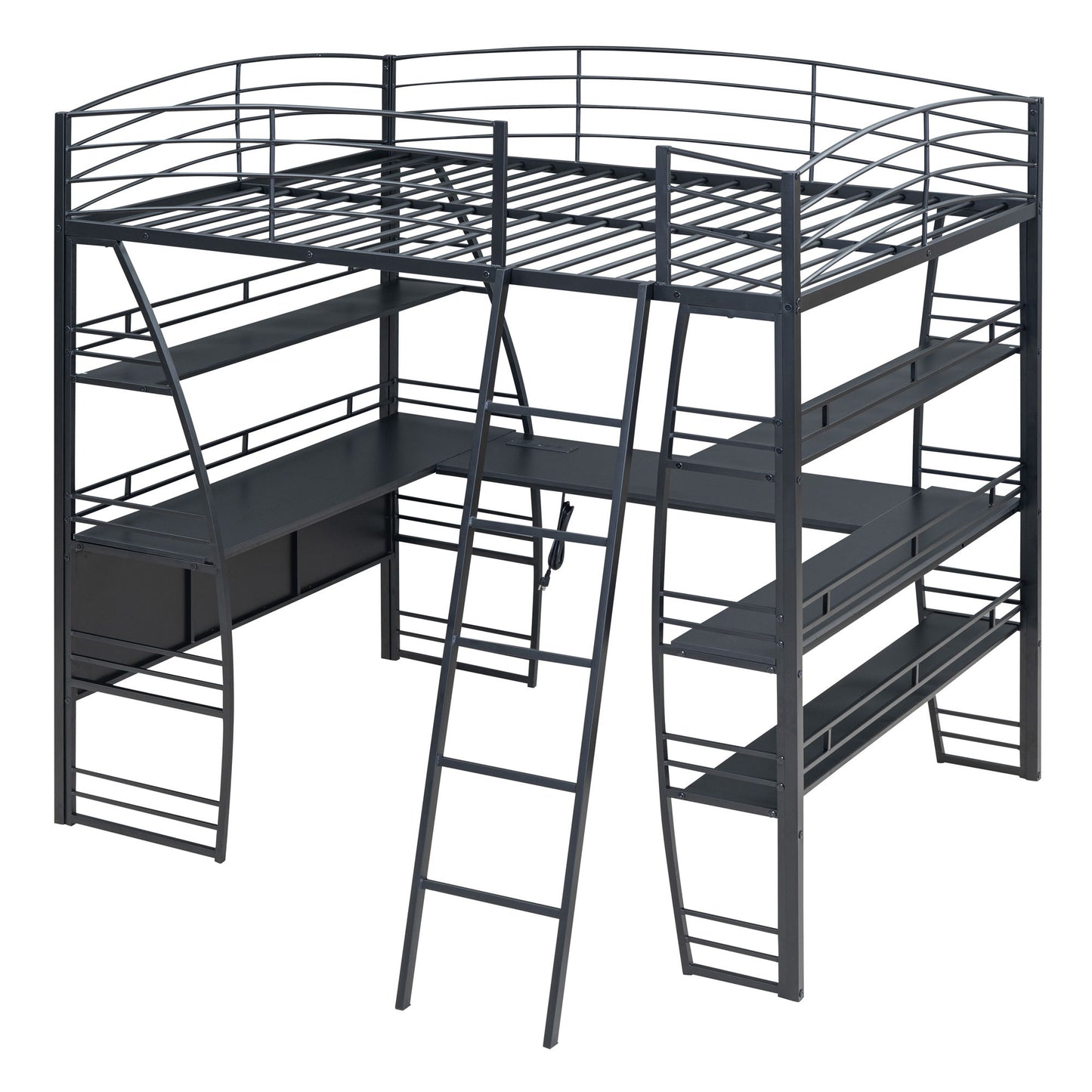 Loft Bed With 4 Layers Of Shelves And L-Shaped Desk, Stylish Metal Frame Bed With A Set Of Sockets, USB Ports And And Wireless Charging