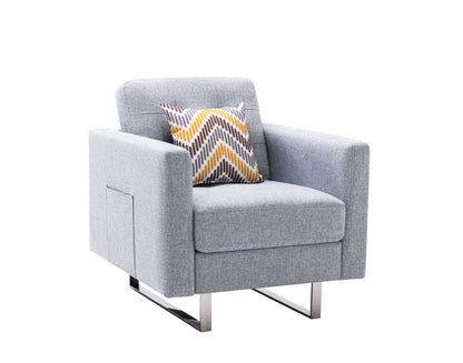 Victoria - Linen Fabric Armchair With Metal Legs, Side Pockets, And Pillow