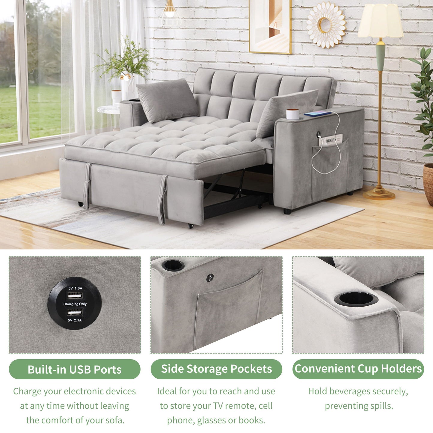 Multi Functional Sofa Bed With Cup Holder And USB Port For Living Room Or Apartments