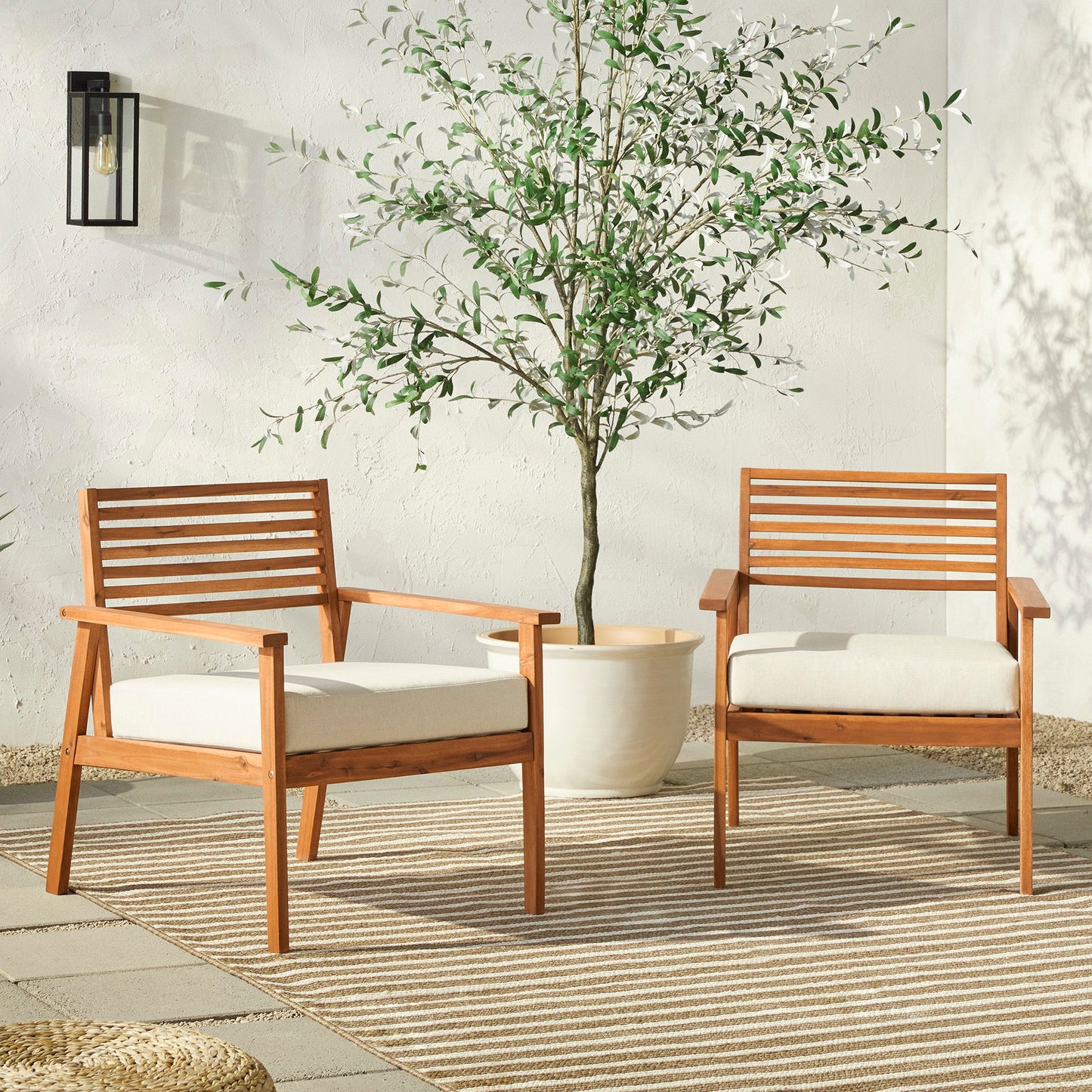 Modern 2 Piece Slat Back Solid Acacia Wood Patio Club Chair Set - Brown