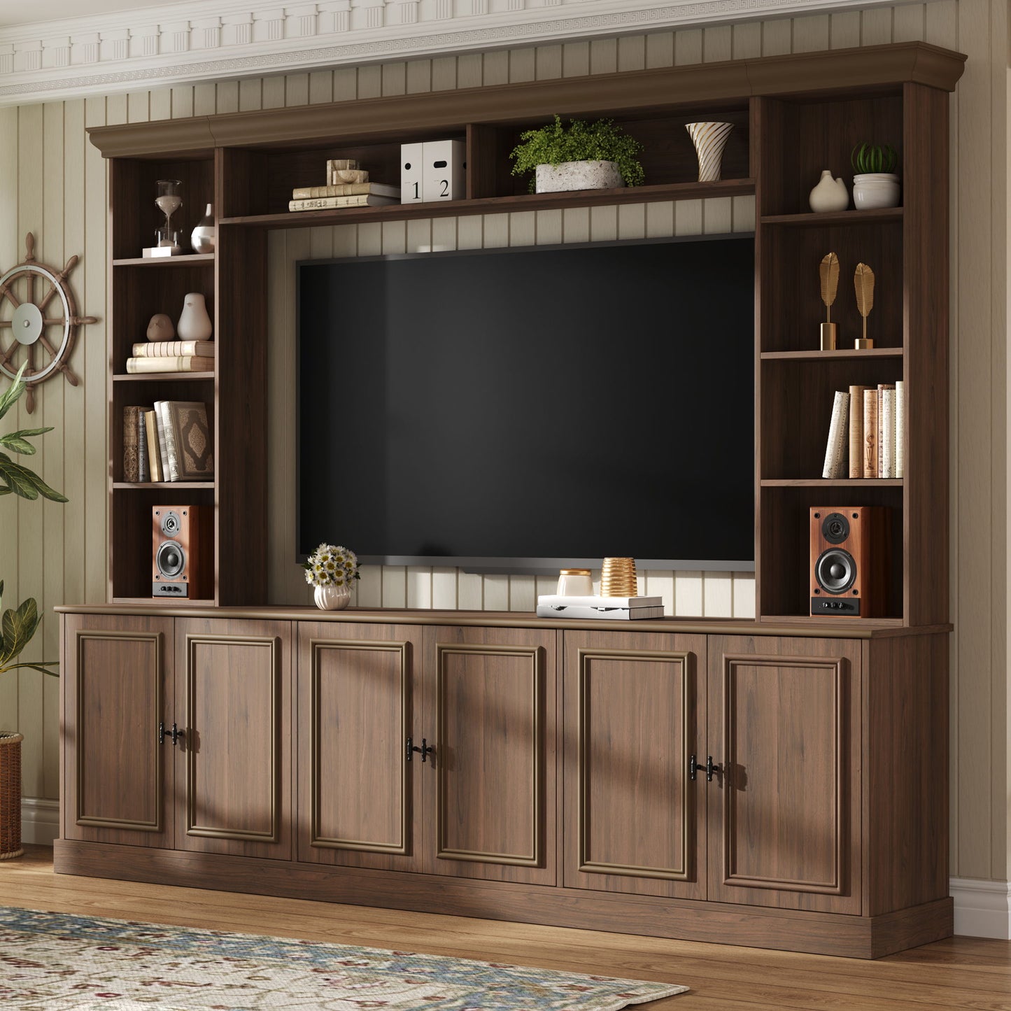 4 Piece Wall Unit Entertainment Center With Bookshelf, TV Stand With Adjustable Shelf For Living Room - Walnut