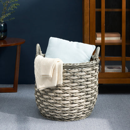 Round Resin Woven Wicker Multi Use Storage Basket With Handles - Cream / Gray