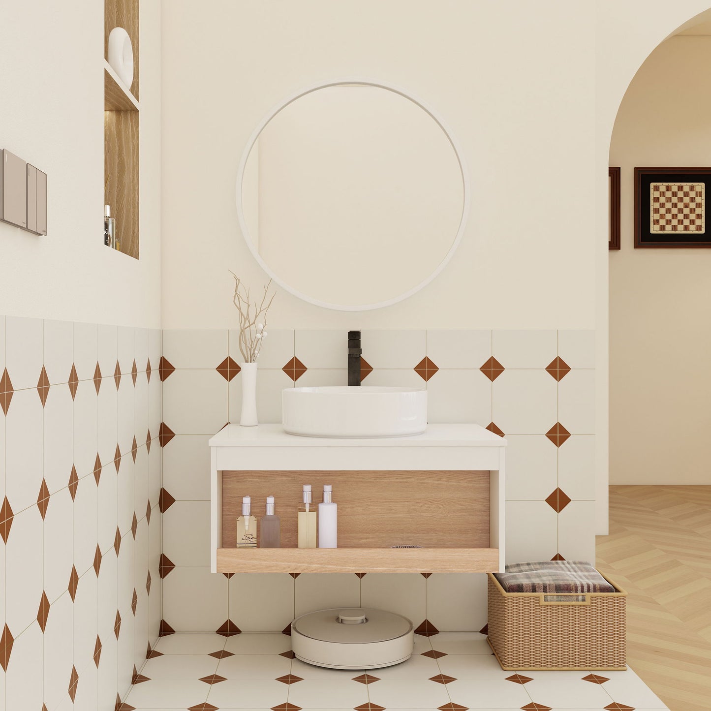 Floating Bathroom Vanity With Glossy Round Vessel Sink
