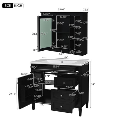 Bathroom Vanity With Top Sink, Storage Cabinet With Mirror, 2 Doors, 3 Drawers, 6 Open Shelves