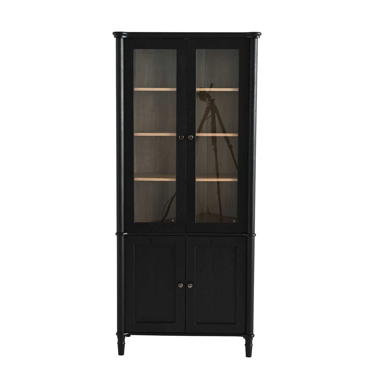 Vintage Display Cabinet With Double Glass Doors, Traditional Style For Collectibles, Ash Wood Veneer, 73.25" Tall - Black / Natural
