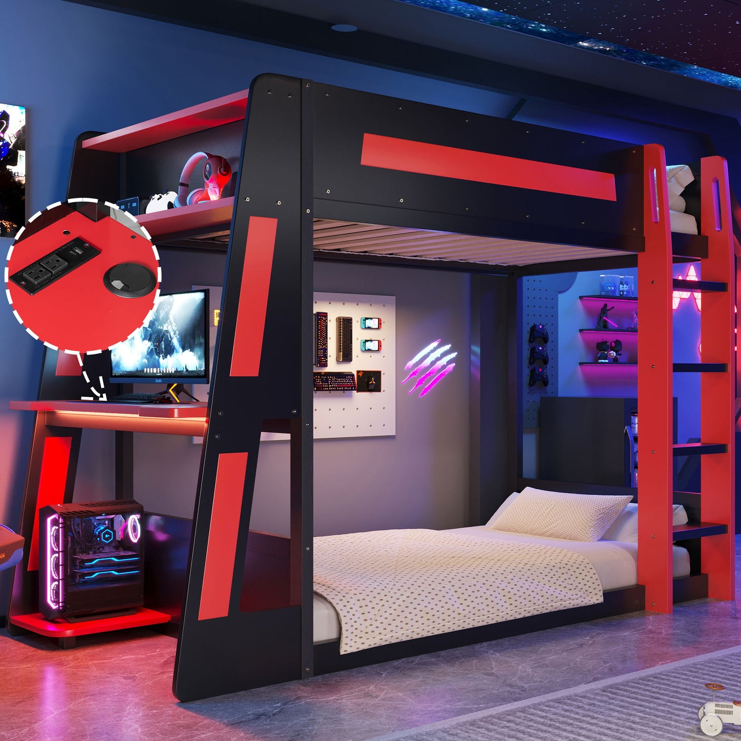 Gaming Bunk Bed With Desk, 2 Storage Shelves, USB And LED Light