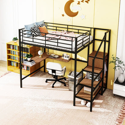 Loft Bed With Desk And Grid, Stylish Frame With Lateral Storage Ladder And Wardrobe