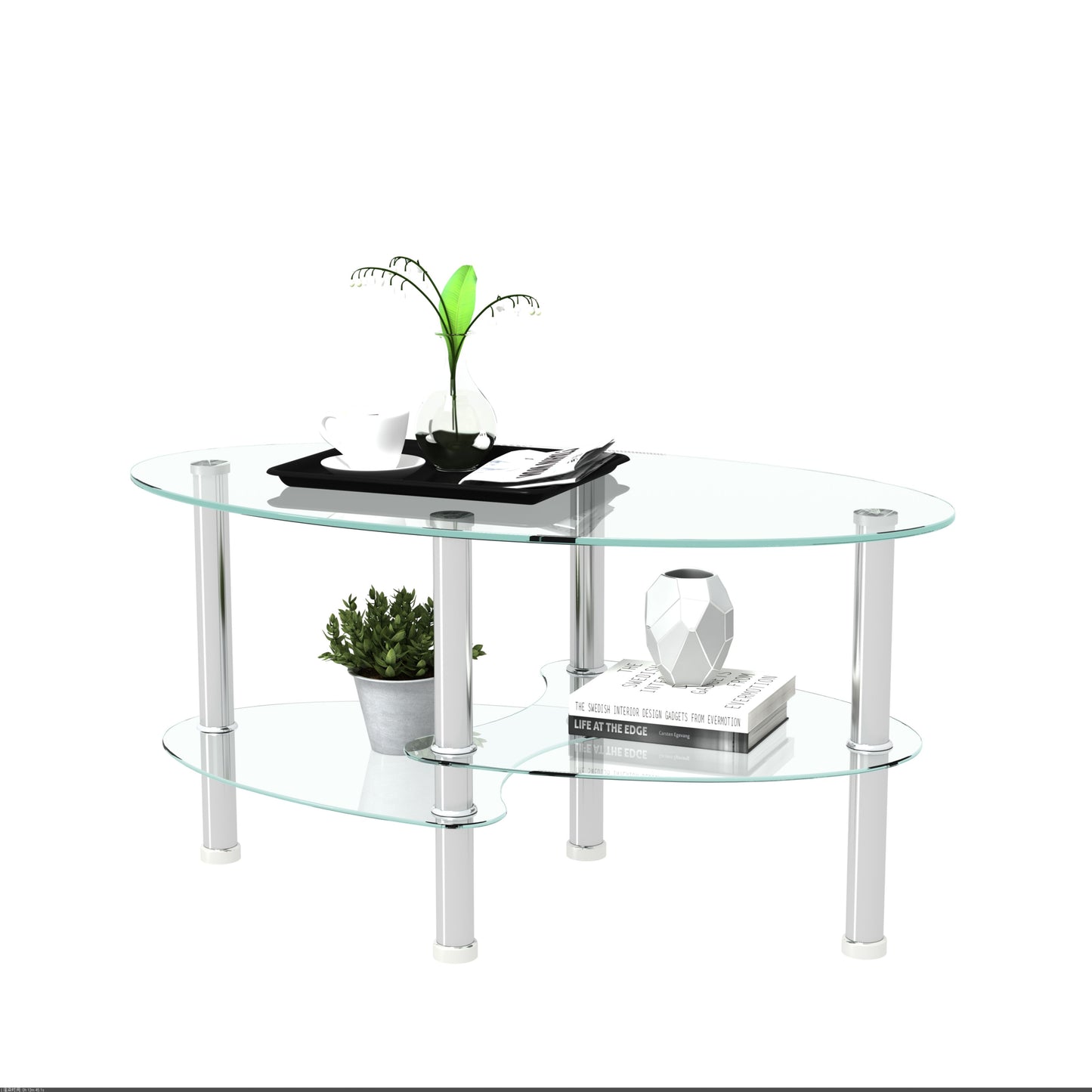 Transparent Oval Glass Coffee Table, Modern Table In Living Room Oak Wood Leg Tea Table 3-Layer Glass Table