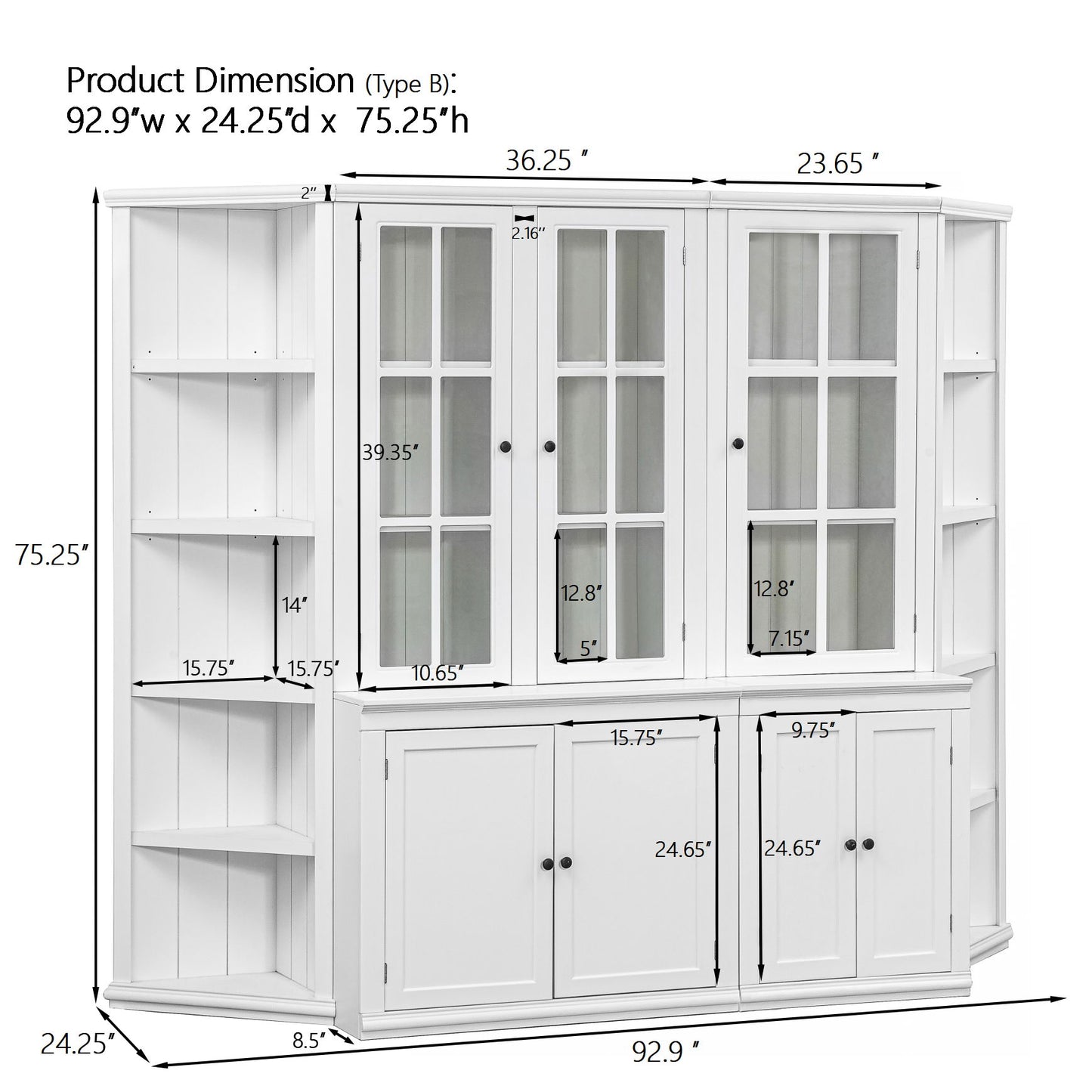 Retro Style Wall Suit With Glass Doors, 75.25" Tall Display Cabinets & Triangle Sided Bookshelves - White