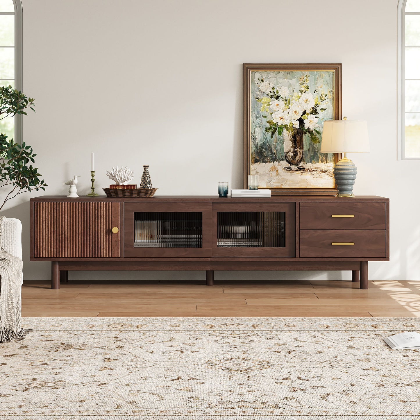 TV Stand With Sliding Doors And 2 Drawers For Living Room - Dark Brown