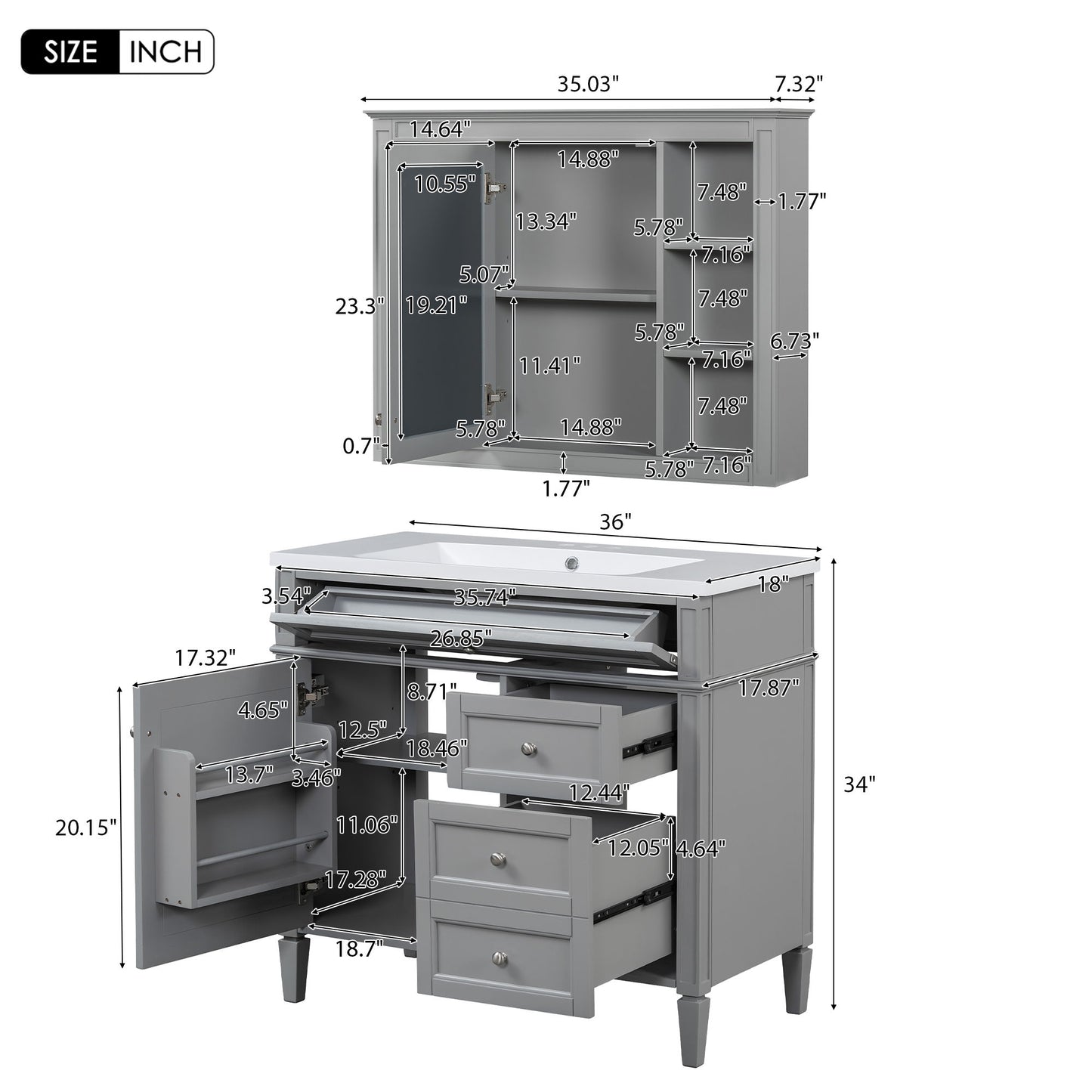 Bathroom Vanity With Top Sink, Storage Cabinet With Mirror, 2 Doors, 3 Drawers, 6 Open Shelves