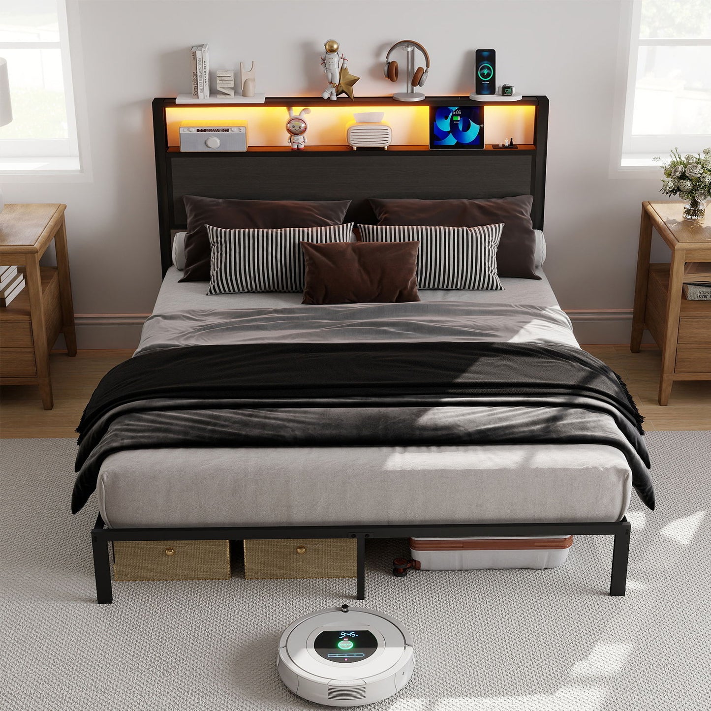Bed Frame With Headboard, LED Lights & Charging Station