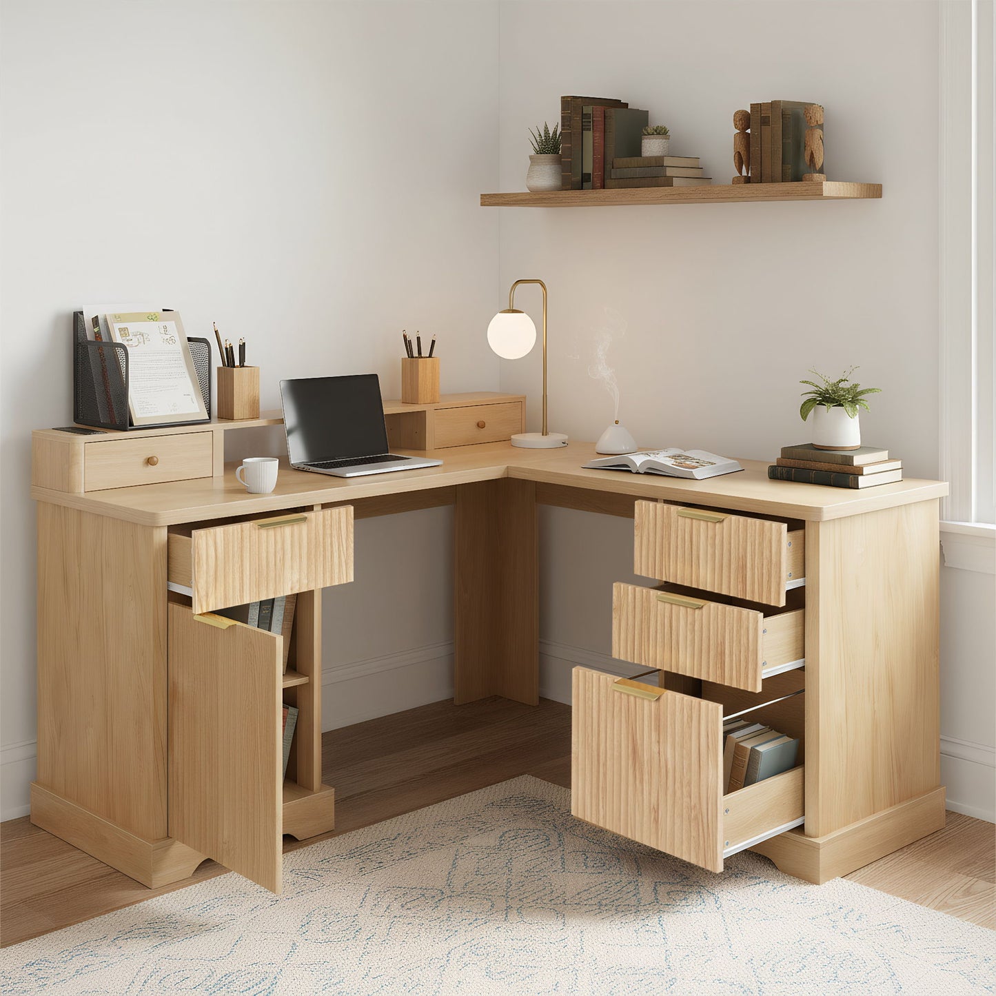 Fluted L-Shaped Desk With Charging Station & Storage Cabinet