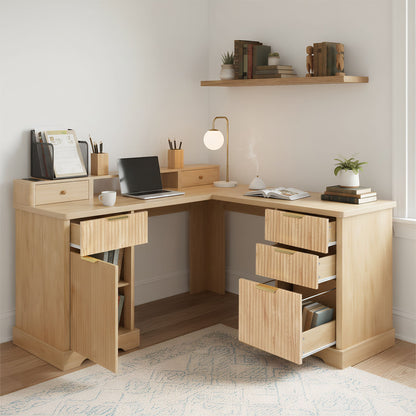 Fluted L-Shaped Desk With Charging Station & Storage Cabinet