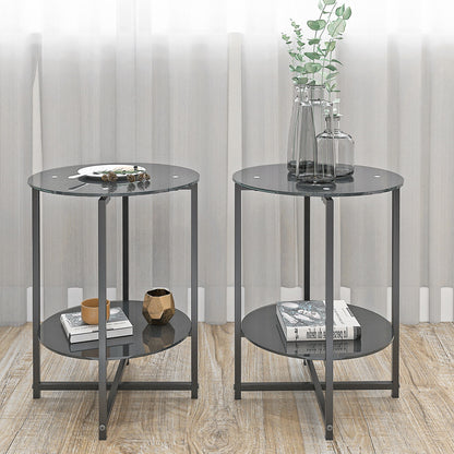 JWS Tempered Glass End Table (Set of 2) , Round Coffee Table For Bedroom Living Room Office - Black