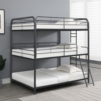 Triple Bunk Bed, Full Size With Sturdy Metal Frame And Safe Stairs - Black