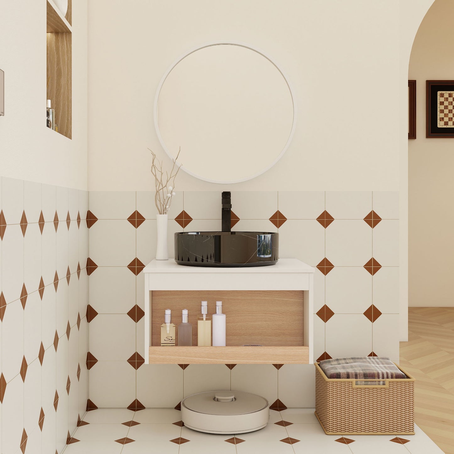 Floating Bathroom Vanity With Vessel Sink With Open Shelf Storage