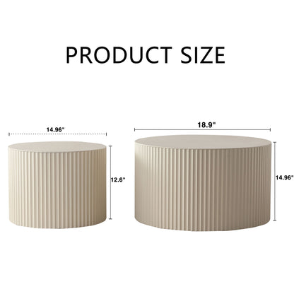 Drum Nesting Coffee Table With Wave Stripe Design For Living Room (Set of 2) - Beige / White