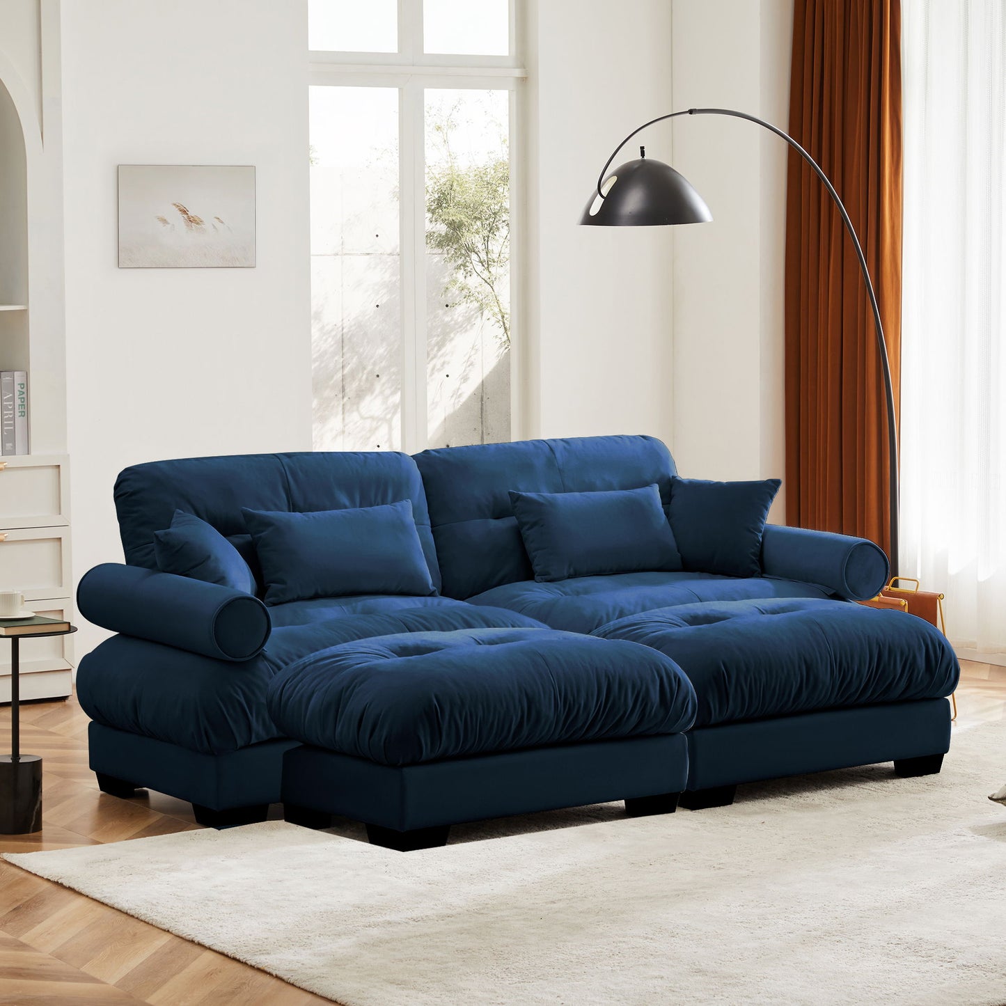 Modern Sectional Sofa With Ottoman, Round Bolster Armrests, Waist And Throw Pillows