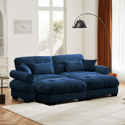 Modern Sectional Sofa With Ottoman, Round Bolster Armrests, Waist And Throw Pillows