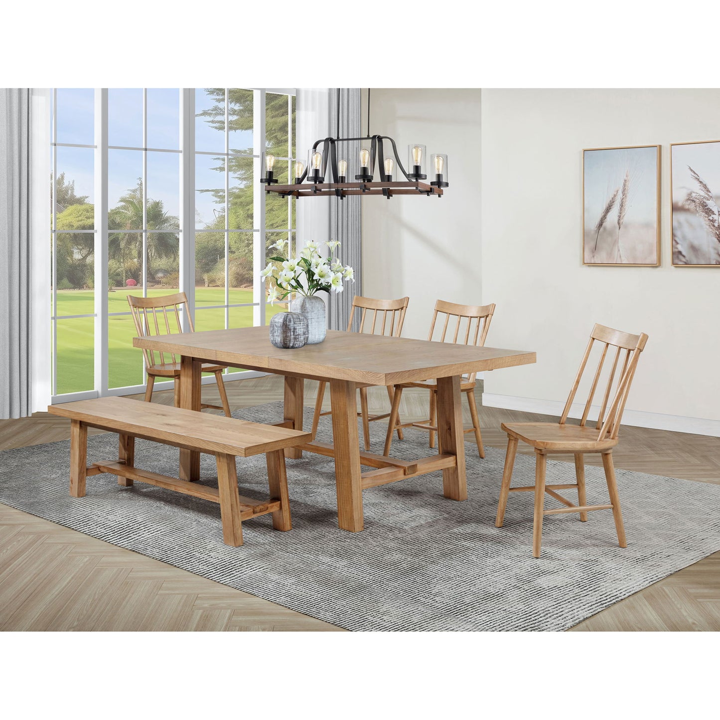 6 Piece Extension Leaf Dining Set With Expandable Table, Spindle Back Chairs And Bench - Natural