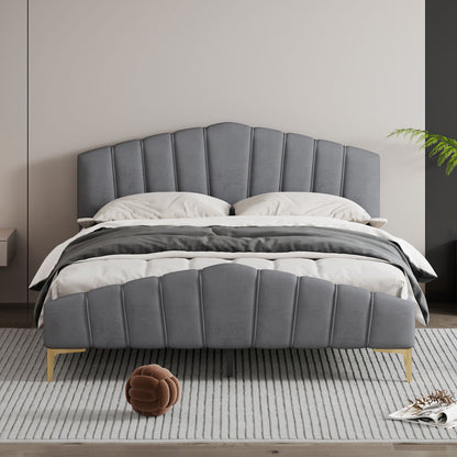 Platform Bed With Thick, Stylish Stripe Decorated Bedboard And Elegant Leg