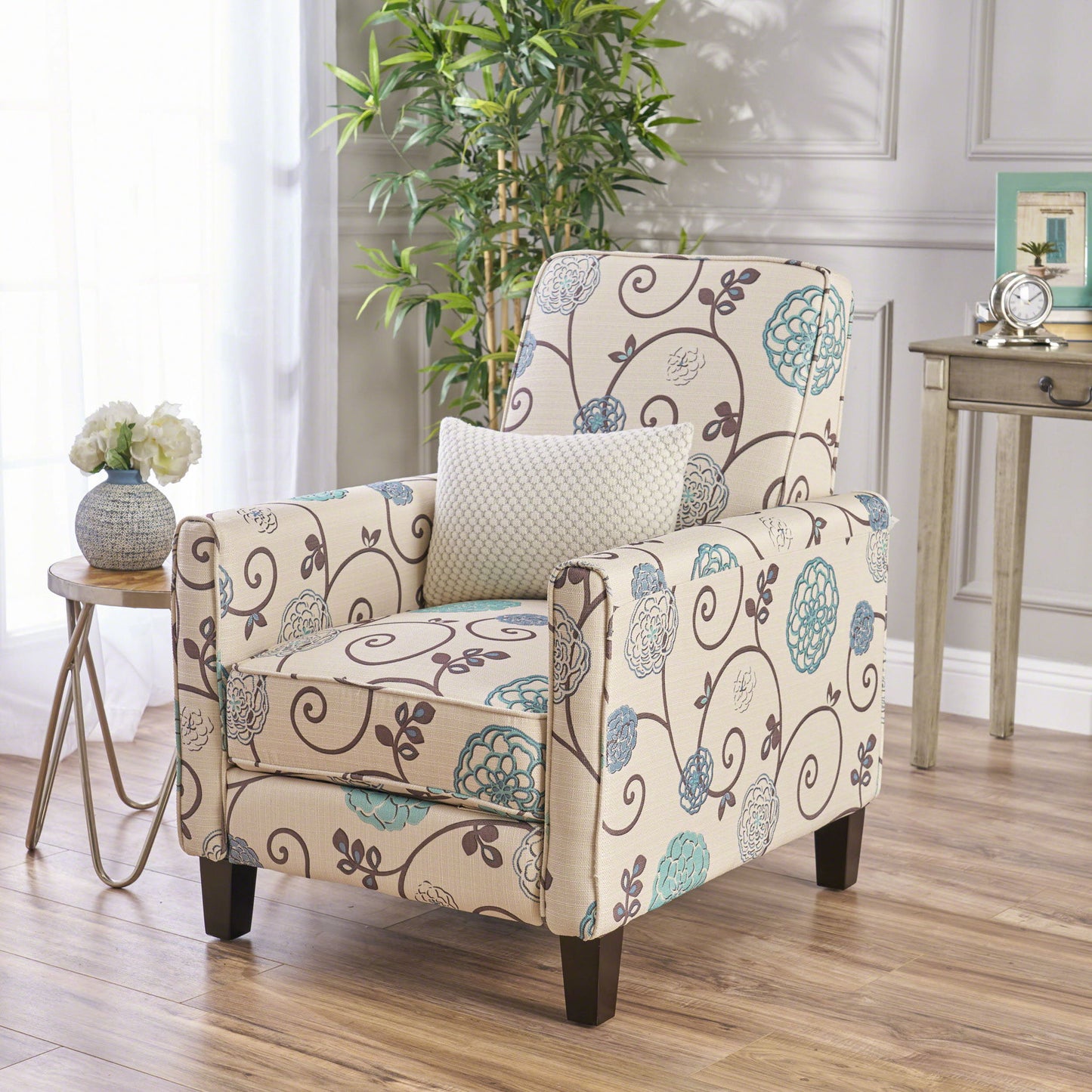 Floral Print Push Back Chair For Elegant Home Decor - White / Blue