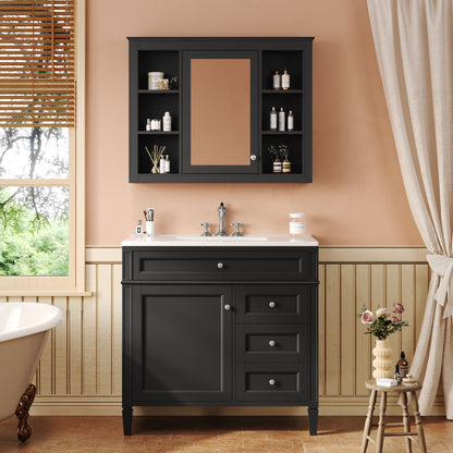 Bathroom Vanity With Top Sink, Storage Cabinet With Mirror, 2 Doors, 3 Drawers, 6 Open Shelves